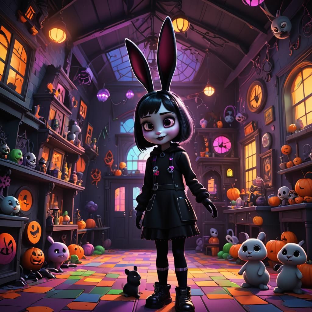 Goth Girl Bunny in Haunted House: Pixar-Style Art