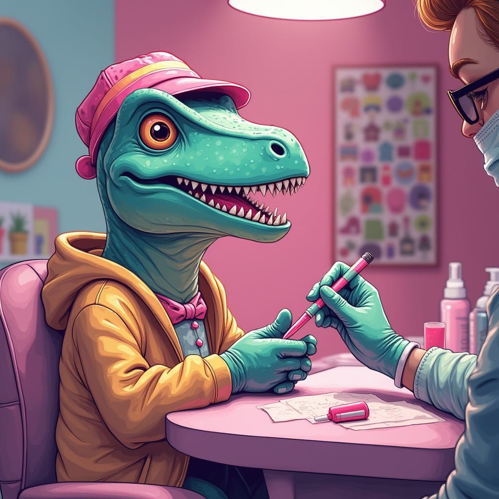 Dinosaur Manicure in Pastel Salon, Kawaii Aesthetic
