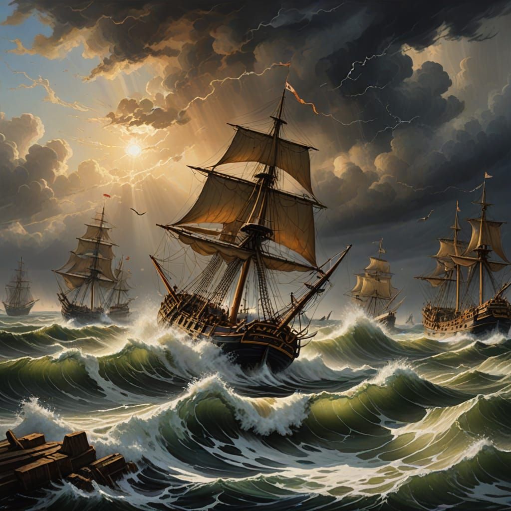 Stormy Harbor Scene in 18th-Century Style with Expressive Br...