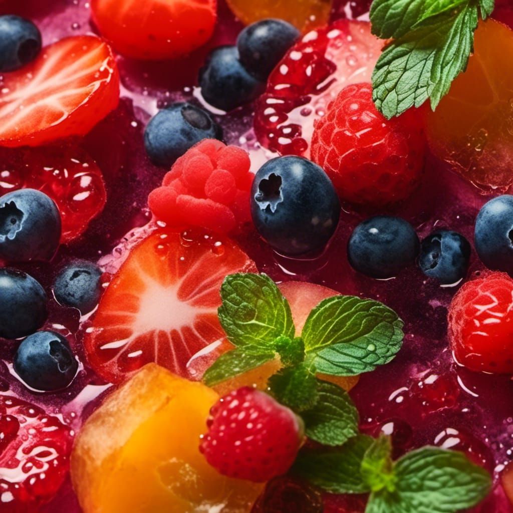 Macro Fruit Salad Still Life in Digital Art Style