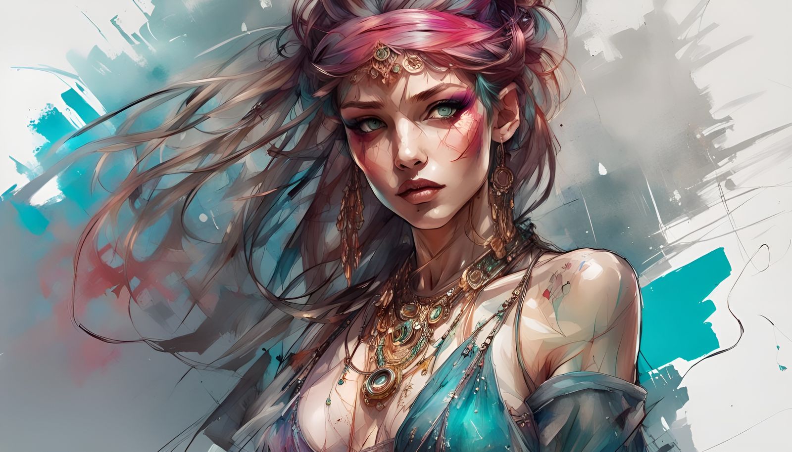 Aetherpunk Belly Dancer Anime Sketch, Vivid Colors