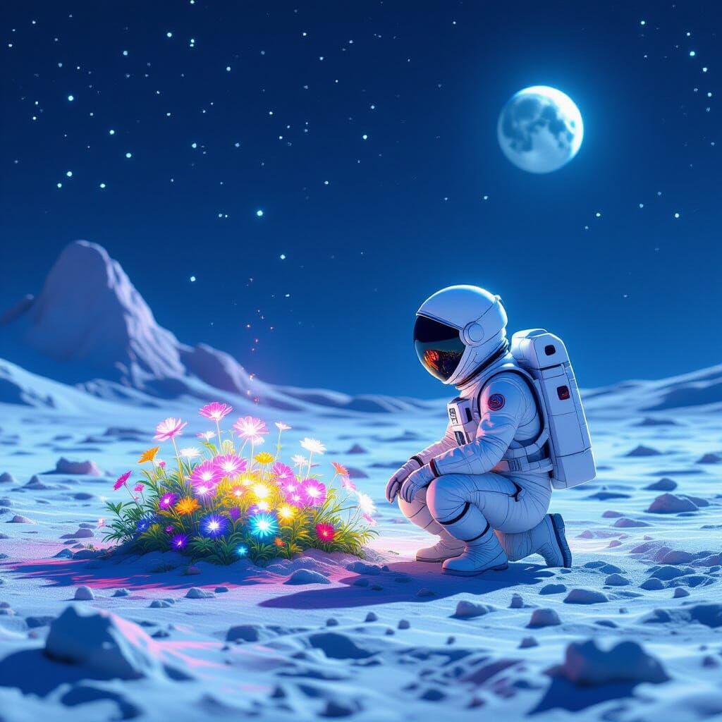 Astronaut Tends Bioluminescent Garden on Alien Moon