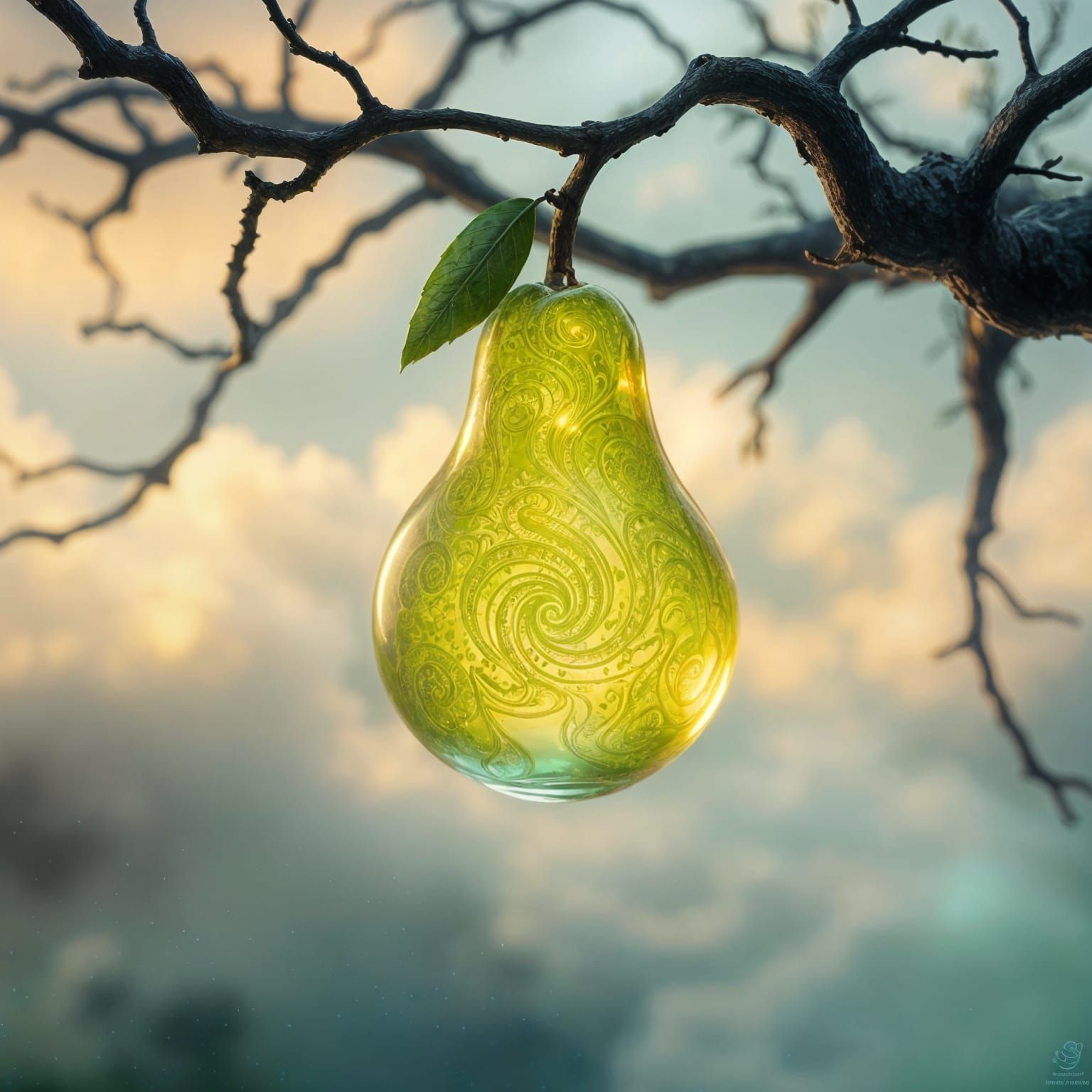 Ethereal Glass Pear Radiates Inner Light in Dreamlike Landsc...