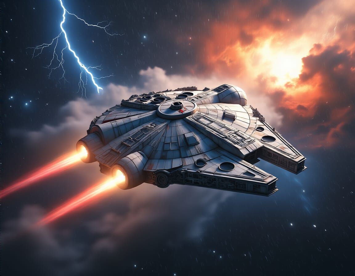Millennium Falcon Soaring Through a Nebula in 8k