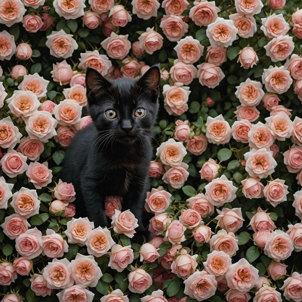 Black Kitten in Rose Garden: Portrait Photography
