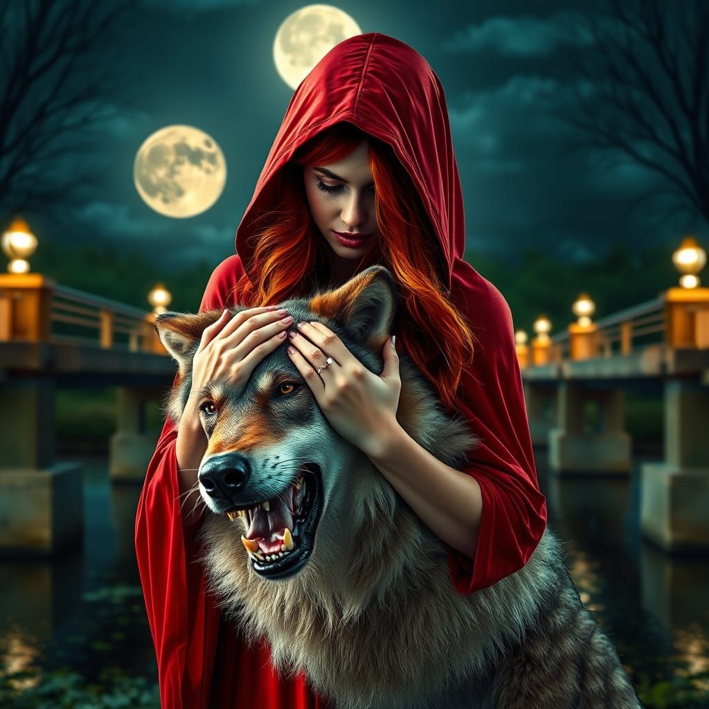 Elegant Red-Haired Woman Strangling Wolf in Midnight Portrai...