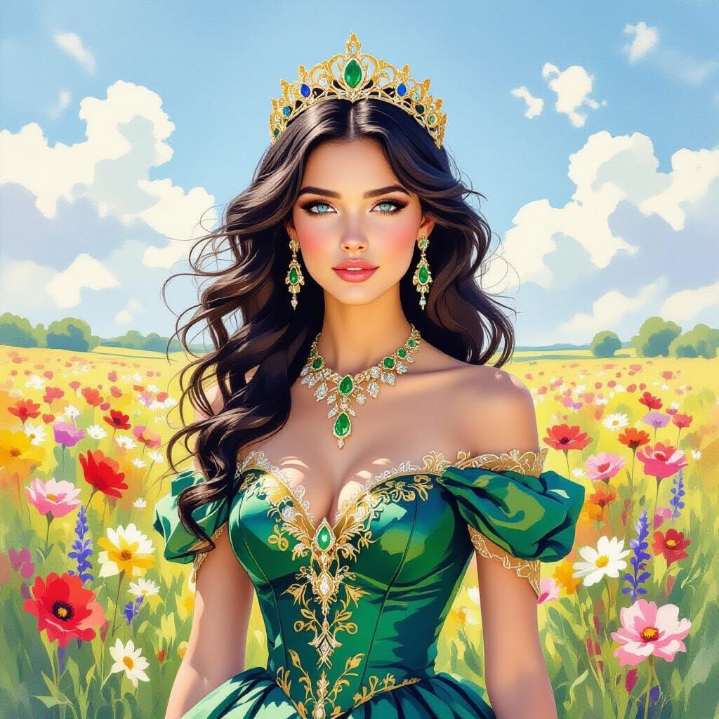 Royal Woman in Flower Field Watercolor Painting