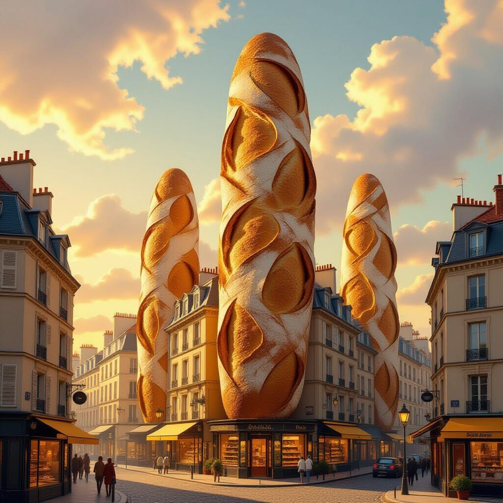 Surreal Baguette Cityscape at Golden Hour