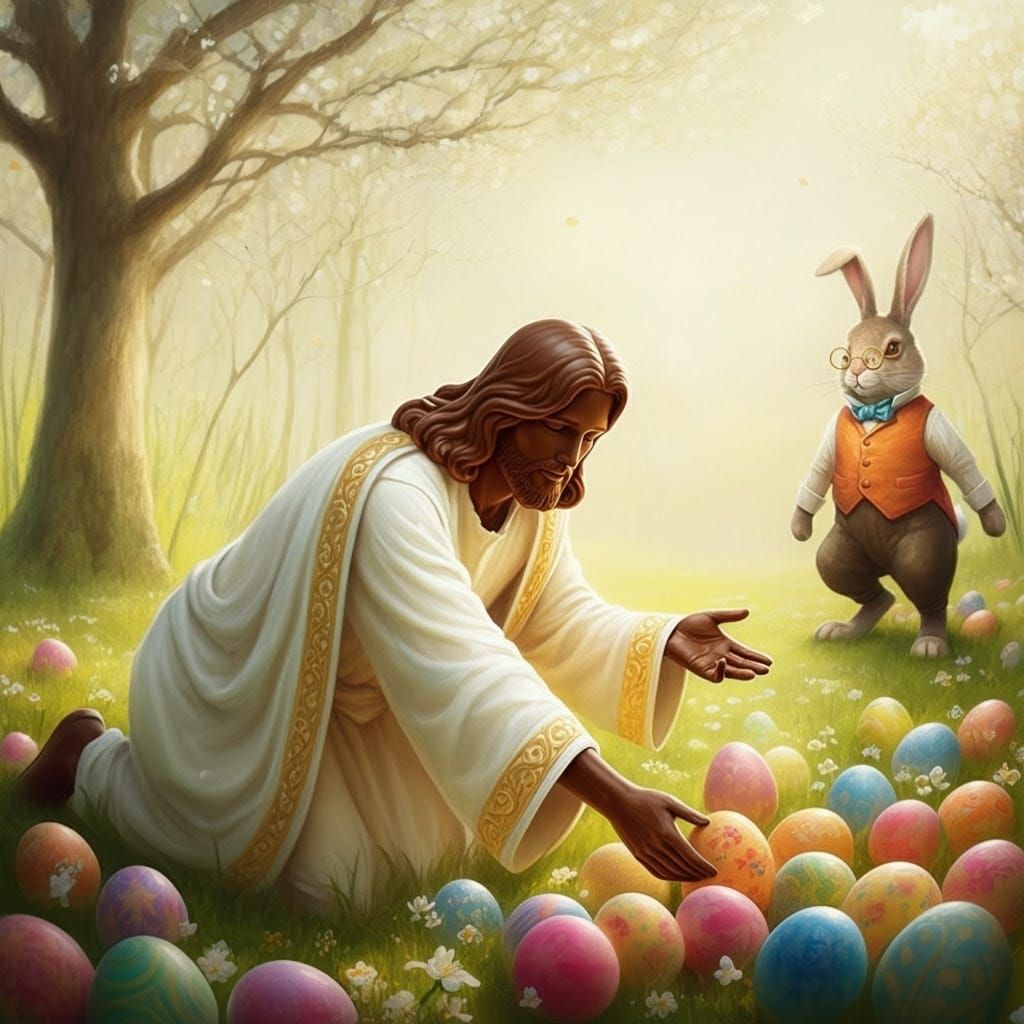 Chocolate Jesus delivers the Eggs to the Easter Bunny