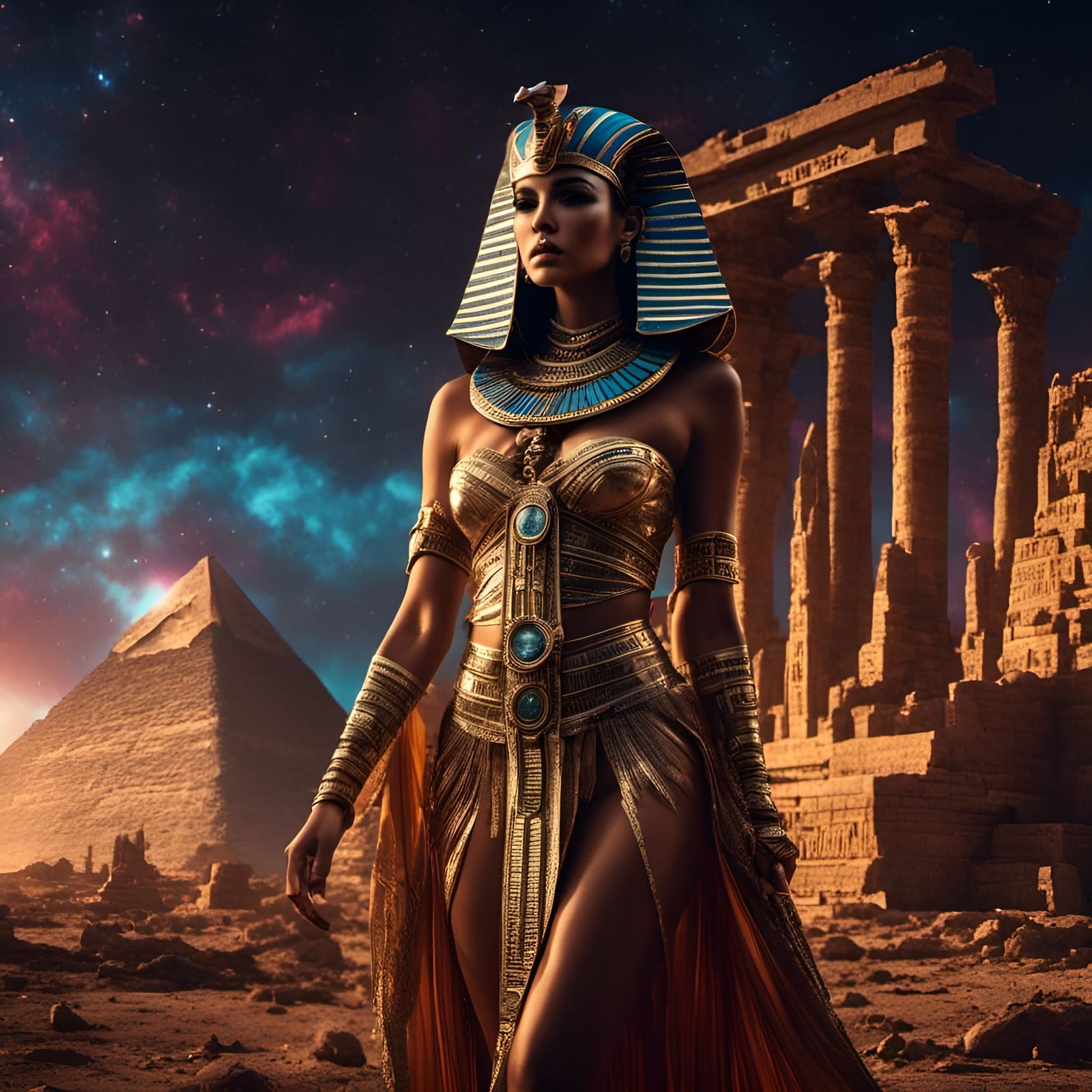 Egyptian Jumpsuit Portrait on Cosmic Moonlit Night
