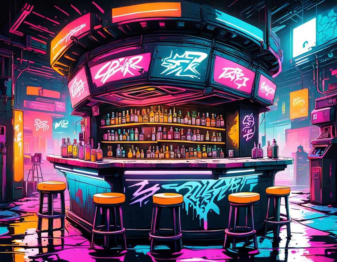 Cyberpunk Bar Scene in Graffiti Art Style