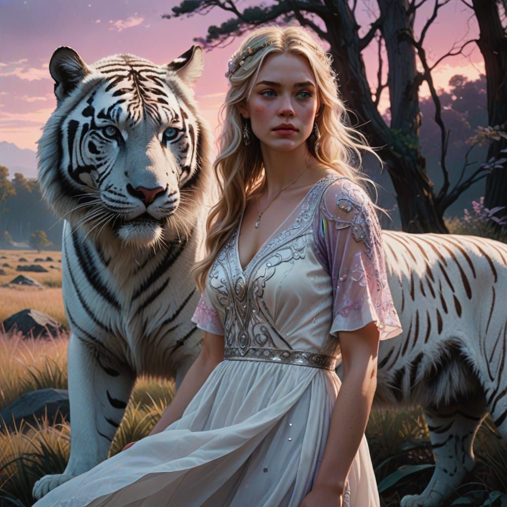 Serenely Elegant Digital Portrait of Blonde Girl and White T...