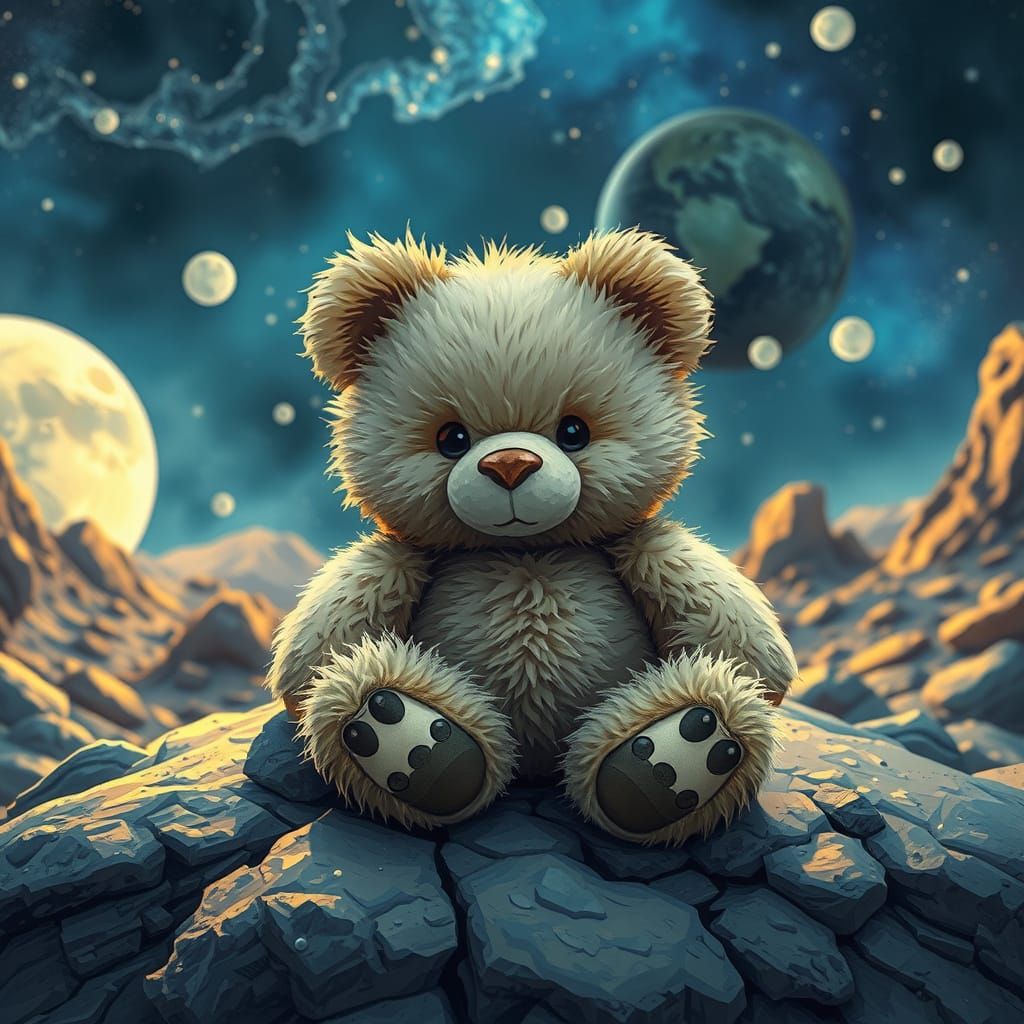 Fluffy Teddy Bear on Moonscape in Surreal Impasto Style