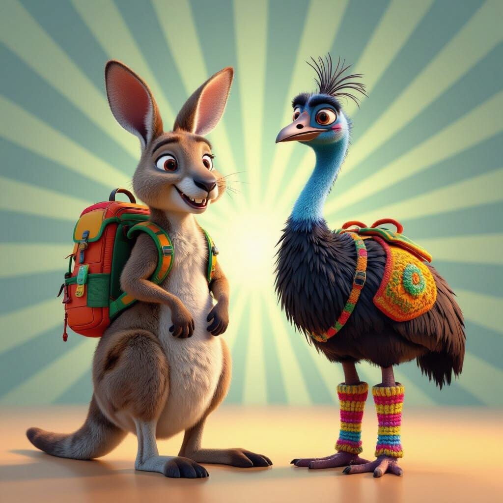 Whimsical Kangaroo and Emu in Pixar Style