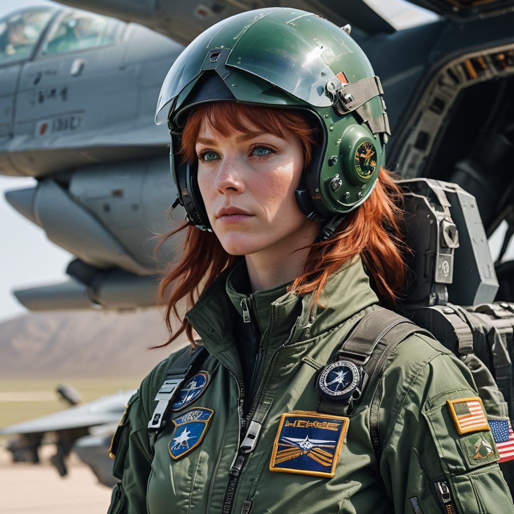 Redhead Pilot Ready to Fly F-16, Art Nouveau Style