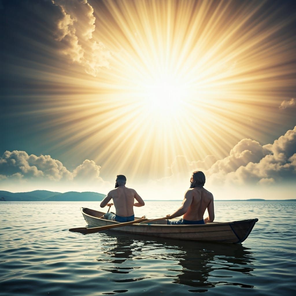 Bearded Men Row Canoe in Divine Sunlight