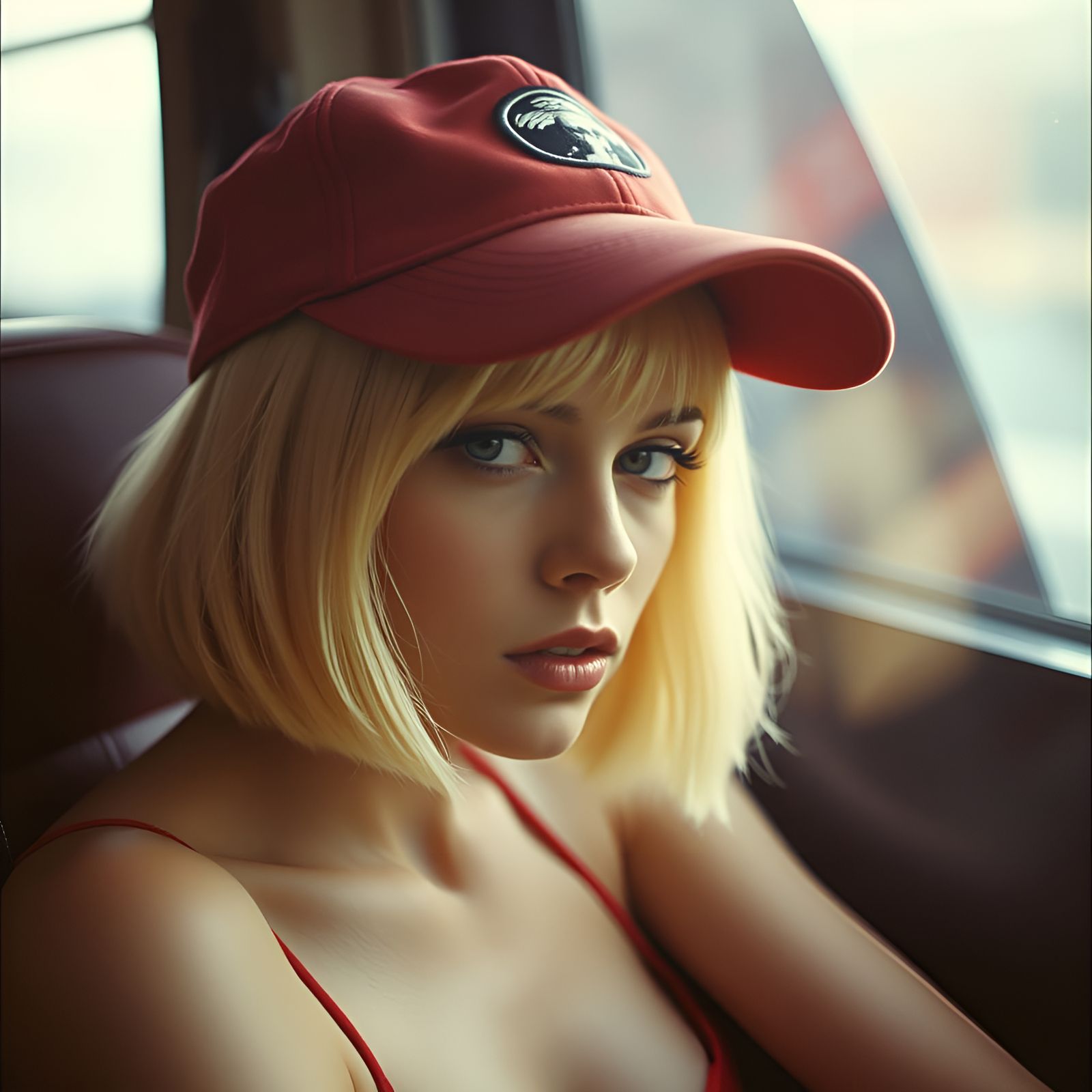 Vintage Film Still: Blonde Bombshell in Red Cap