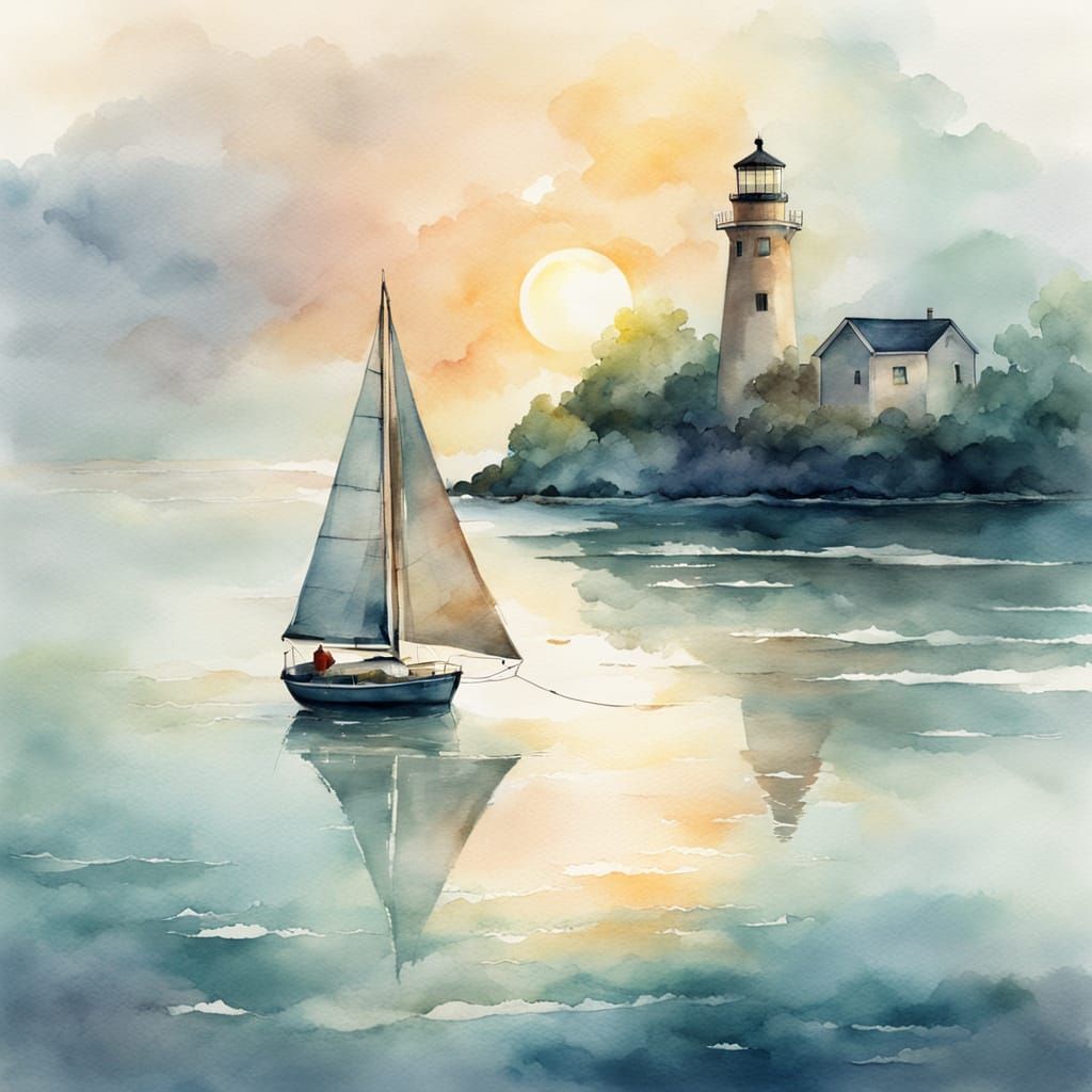 Sailboat on Calm Sea: Watercolor Digital Painting