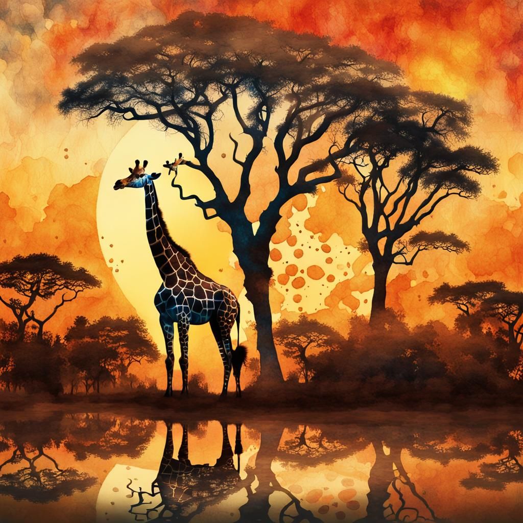 Giraffe in Dreamlike European Ink Painting