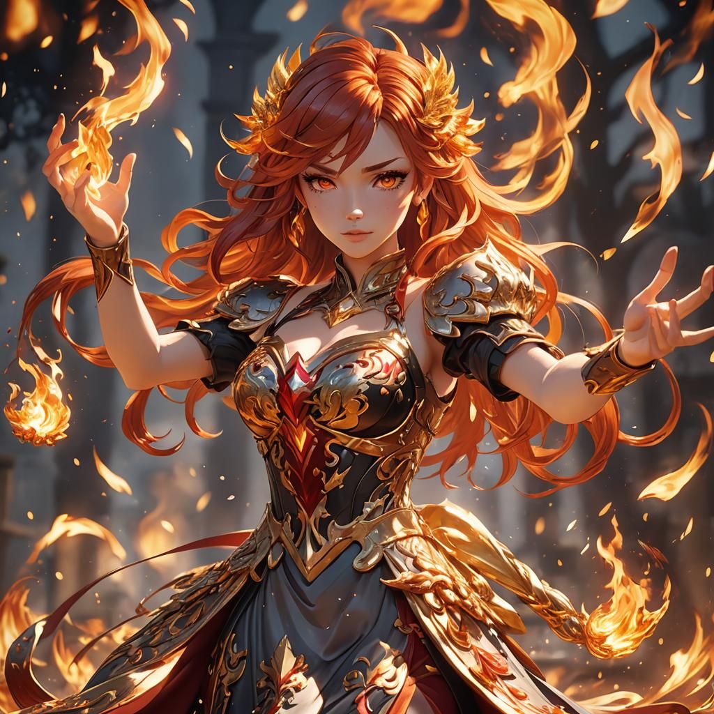 Anime Girl with Fiery Hair in 3D