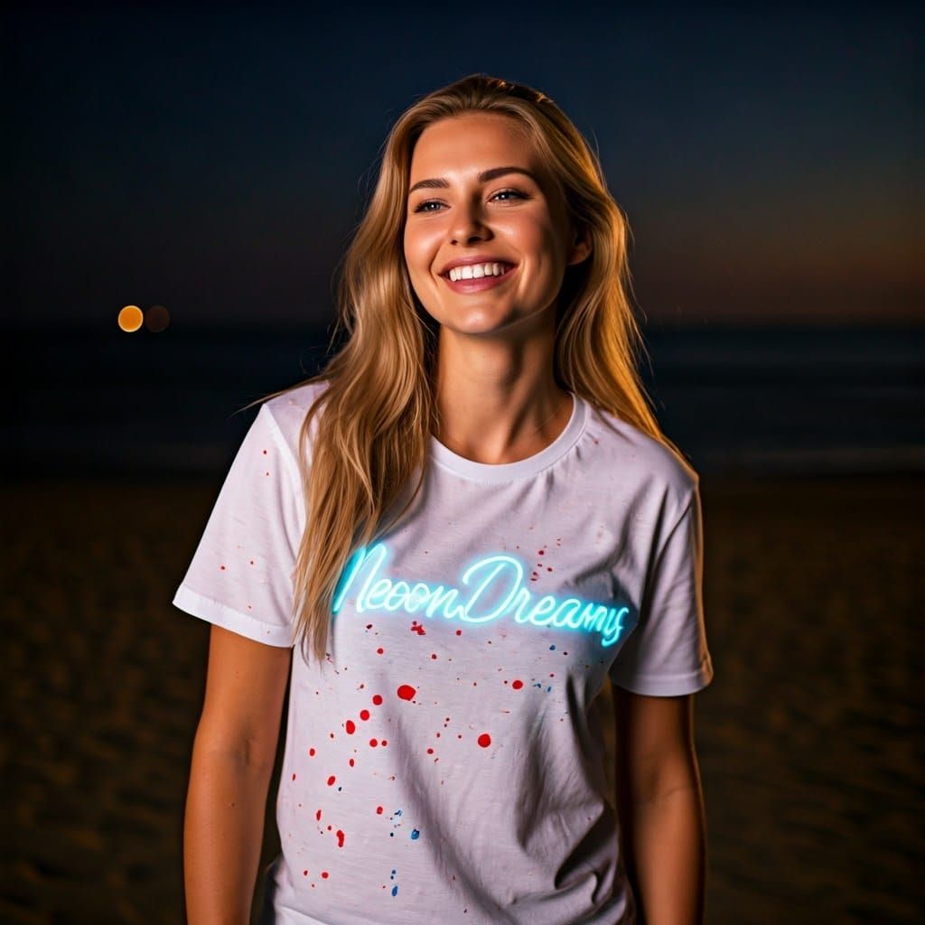Neon Dreams T-Shirt Design on Woman at Beach