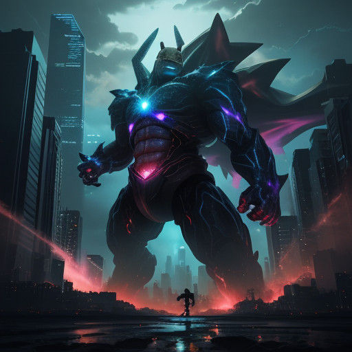 Surreal Anime God Battles Dark Monster Under City Skies