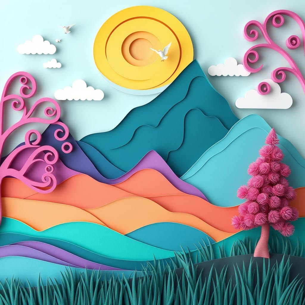 Dreamy Whimsical Landscapes in Layered Paper Cutout Style