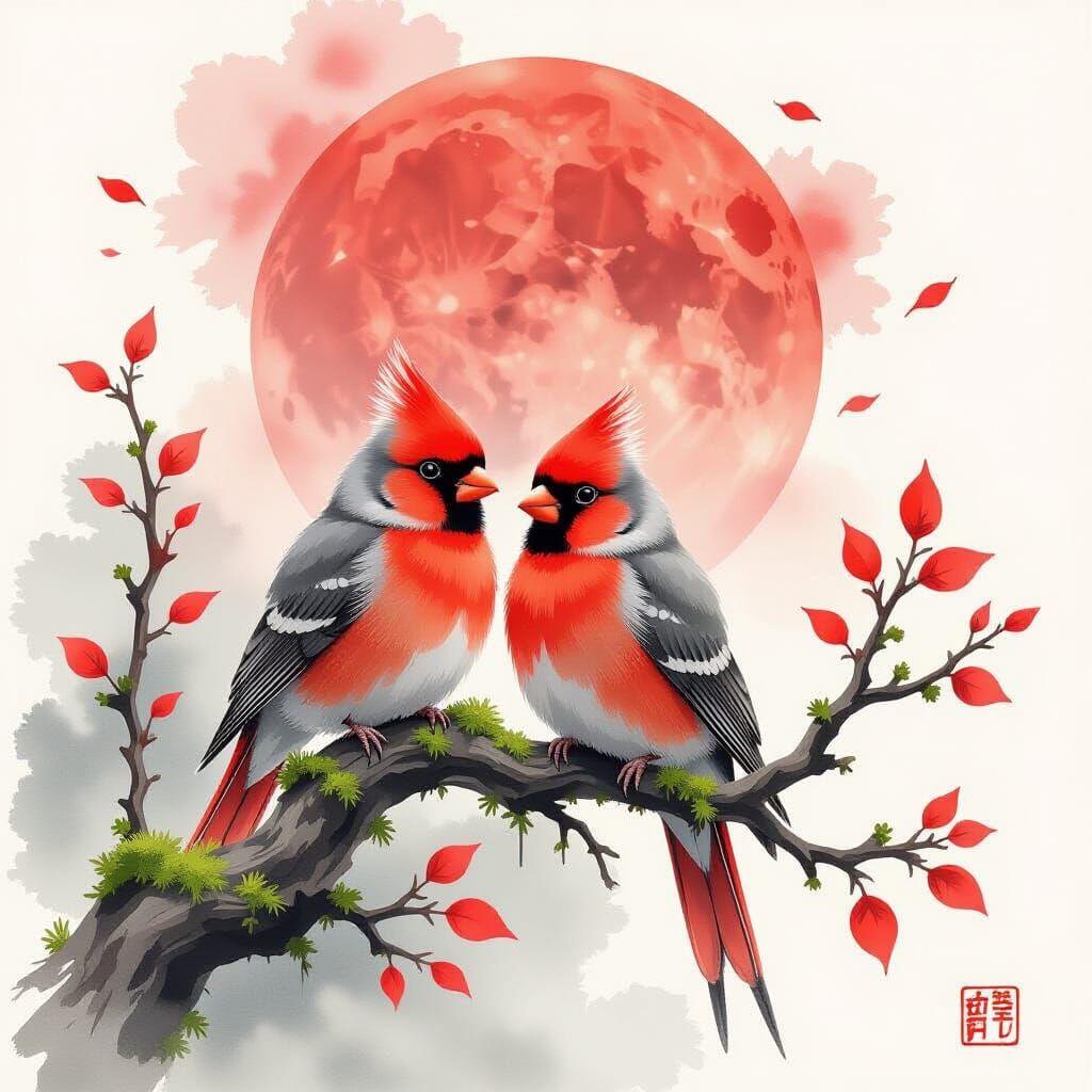 Red Lovebirds Under Crimson Moon with Falling Leaves