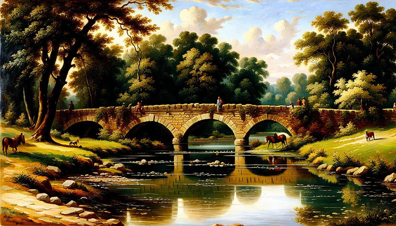 Picturesque Farmers by Stream: Barbizon School Painting