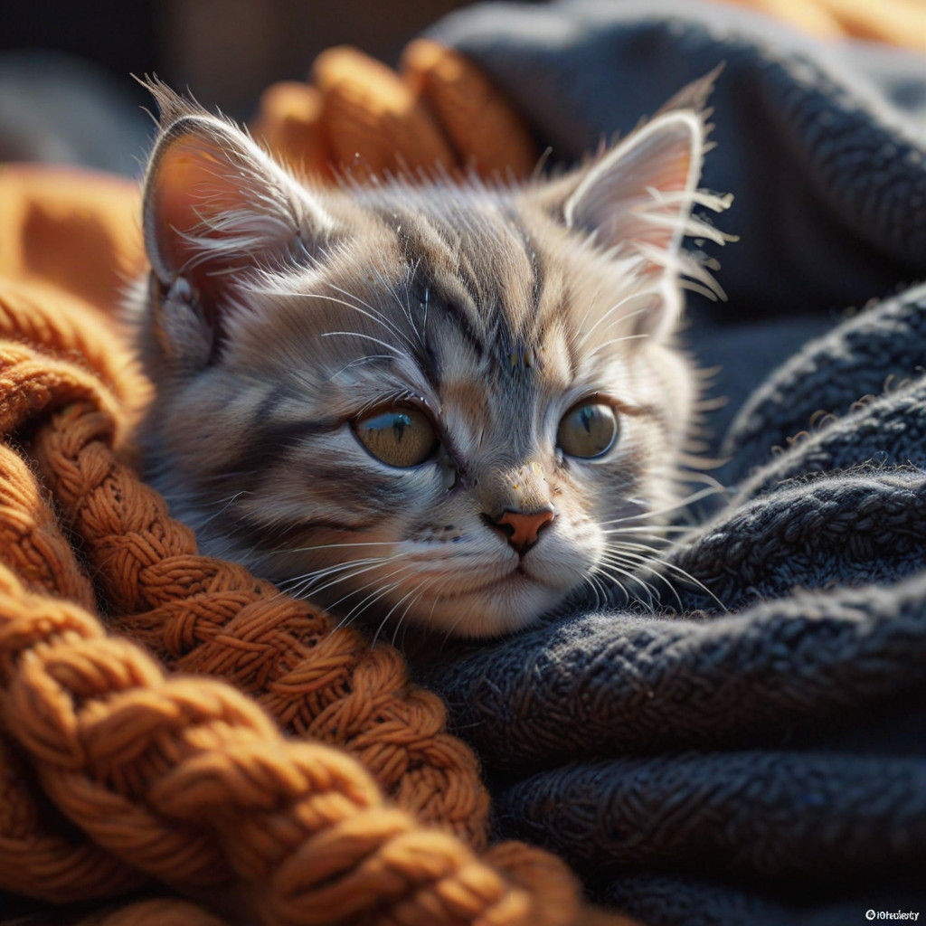 Close up Cute Adorable little tiny baby kitten sleeping, cuddled up in a wool blanket, Breathtaking Artwork. Intricate P...