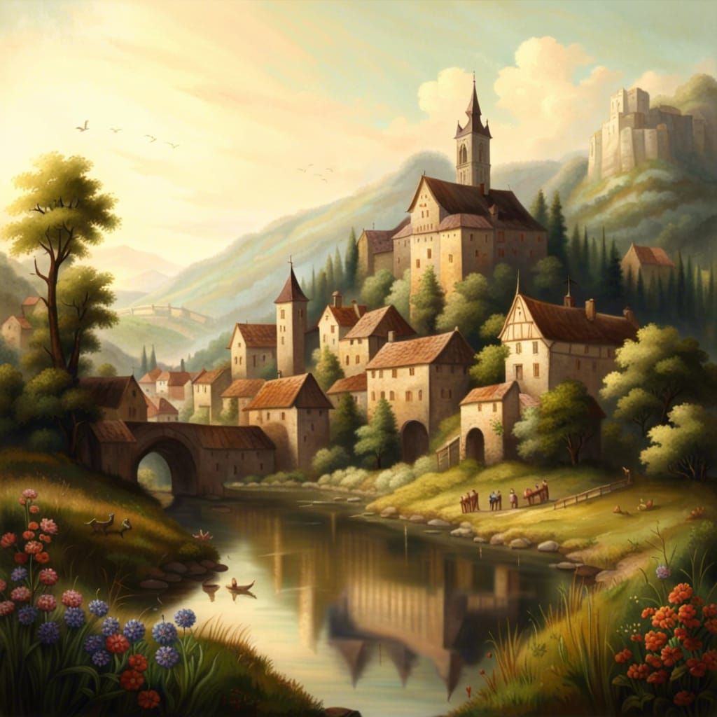 Medieval Town in Valley as Oil Painting