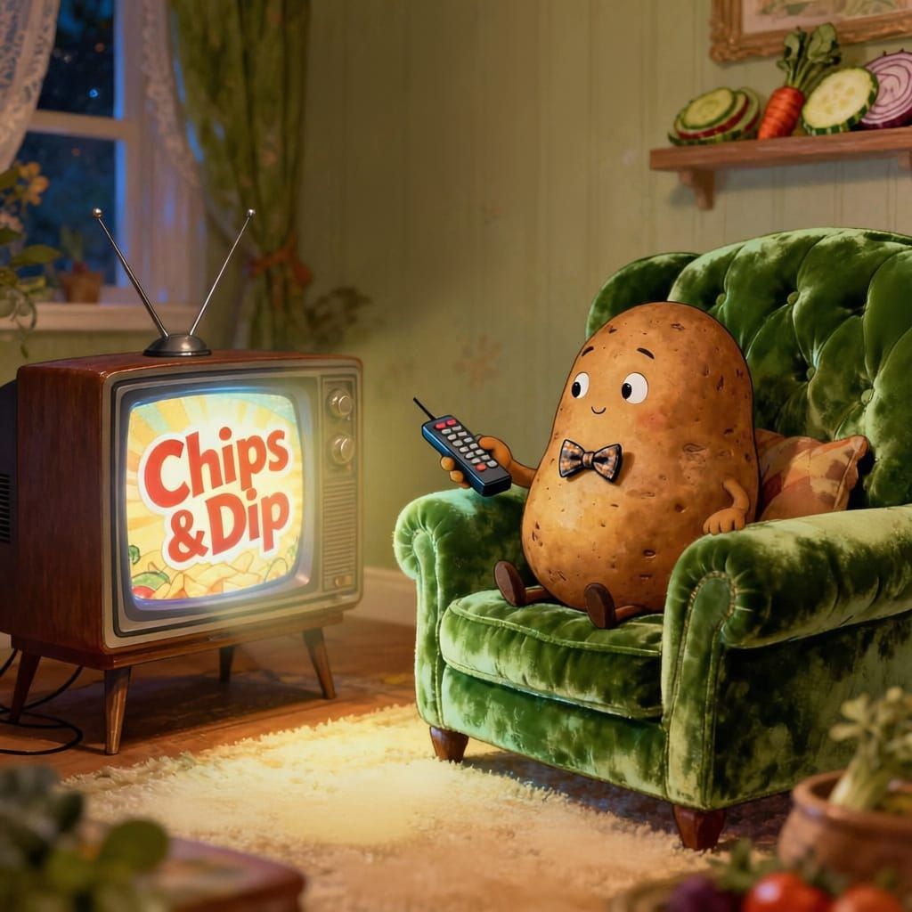 Mr. Spud Potato on Velvet Couch Watching TV