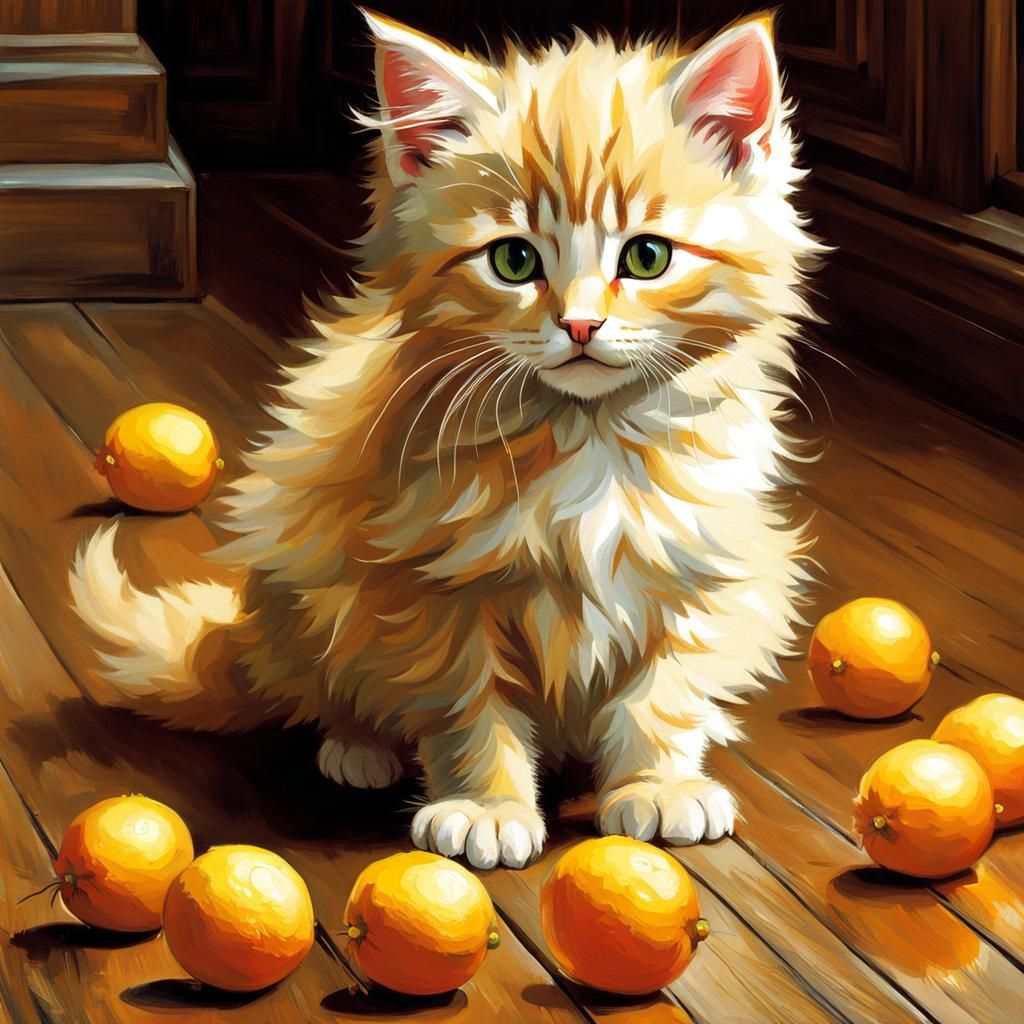 Kittens Amongst Citrus in Pre-Raphaelite Style