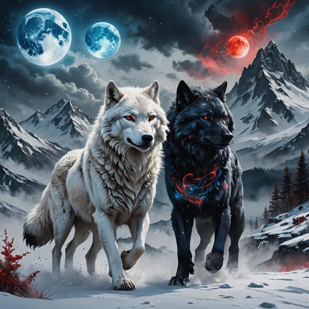 Clash of Magic Wolves in Fantasy Landscape