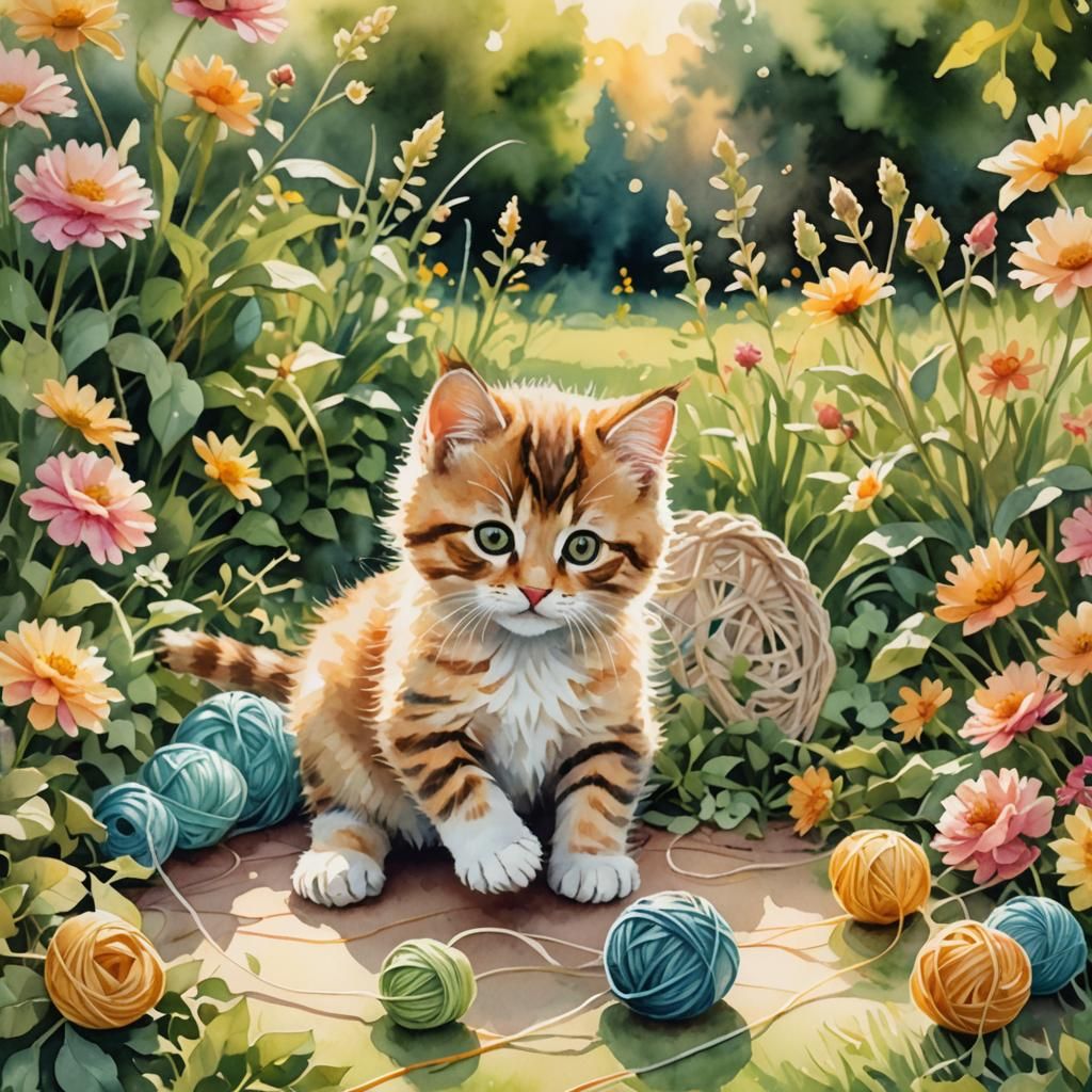 Kitten Playing with Yarn: Watercolor Illustration