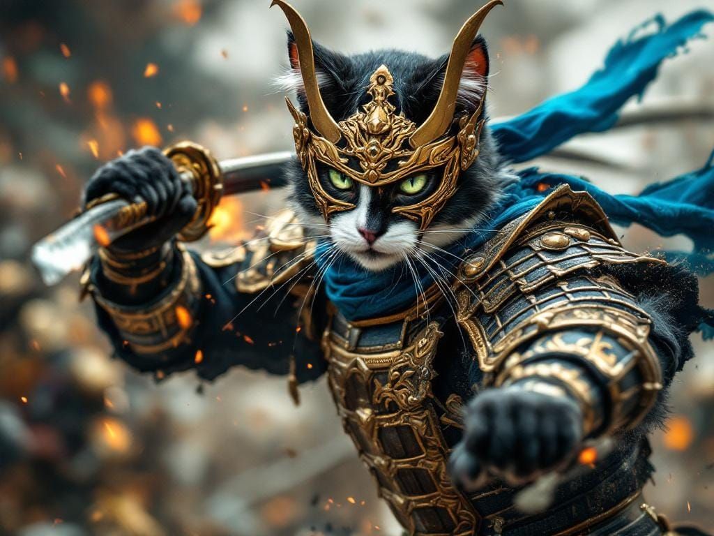 Ninja Cat Samurai in Battle, Dramatic Lighting