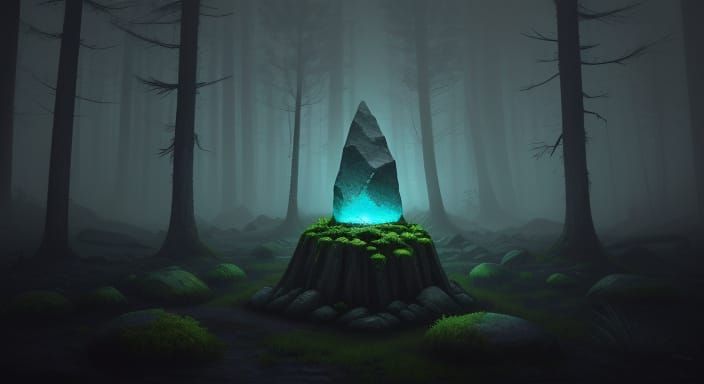 Mysterious Stone with Glowing Runes in Dark Forest
