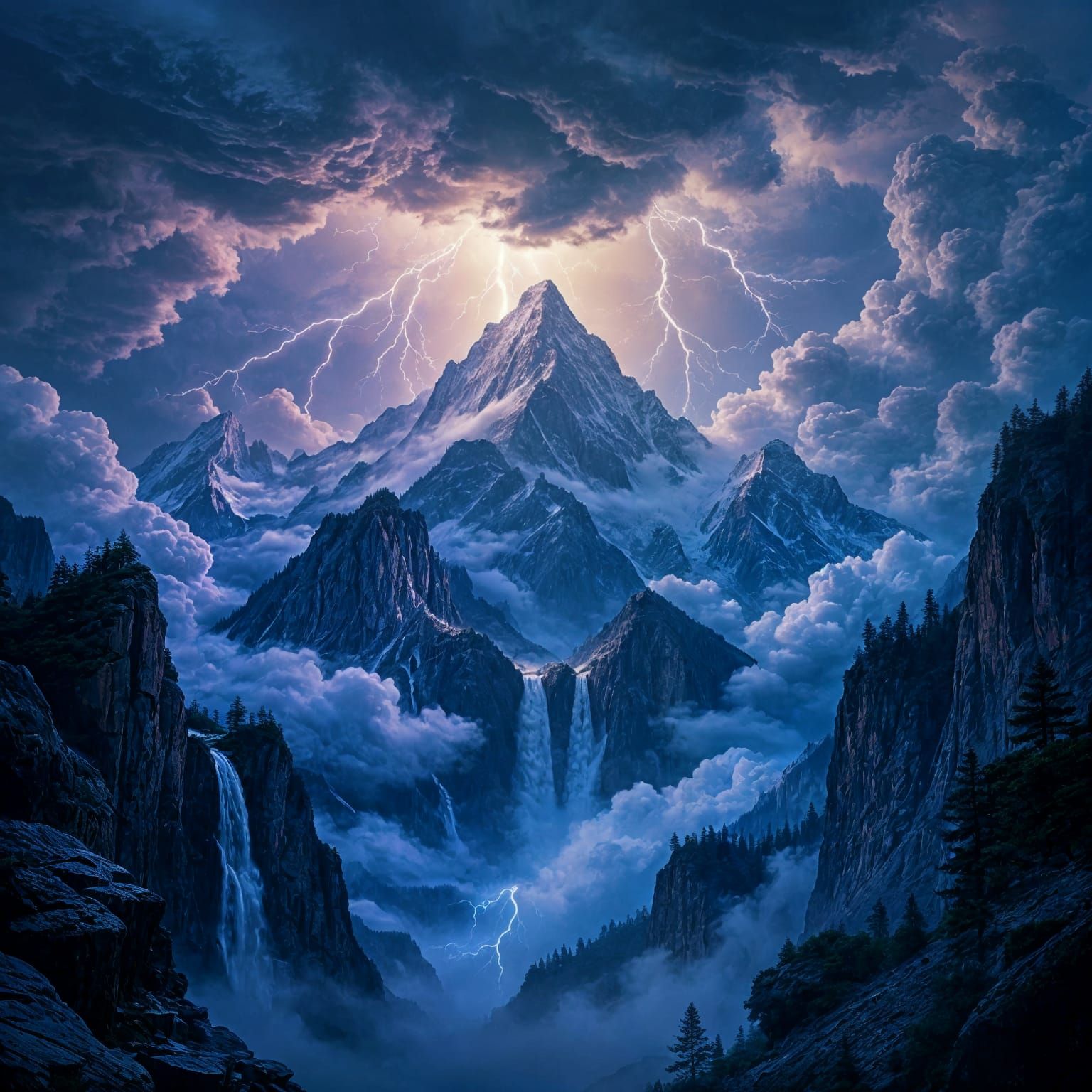 Surreal Floating Mountains with Waterfalls and Lightning