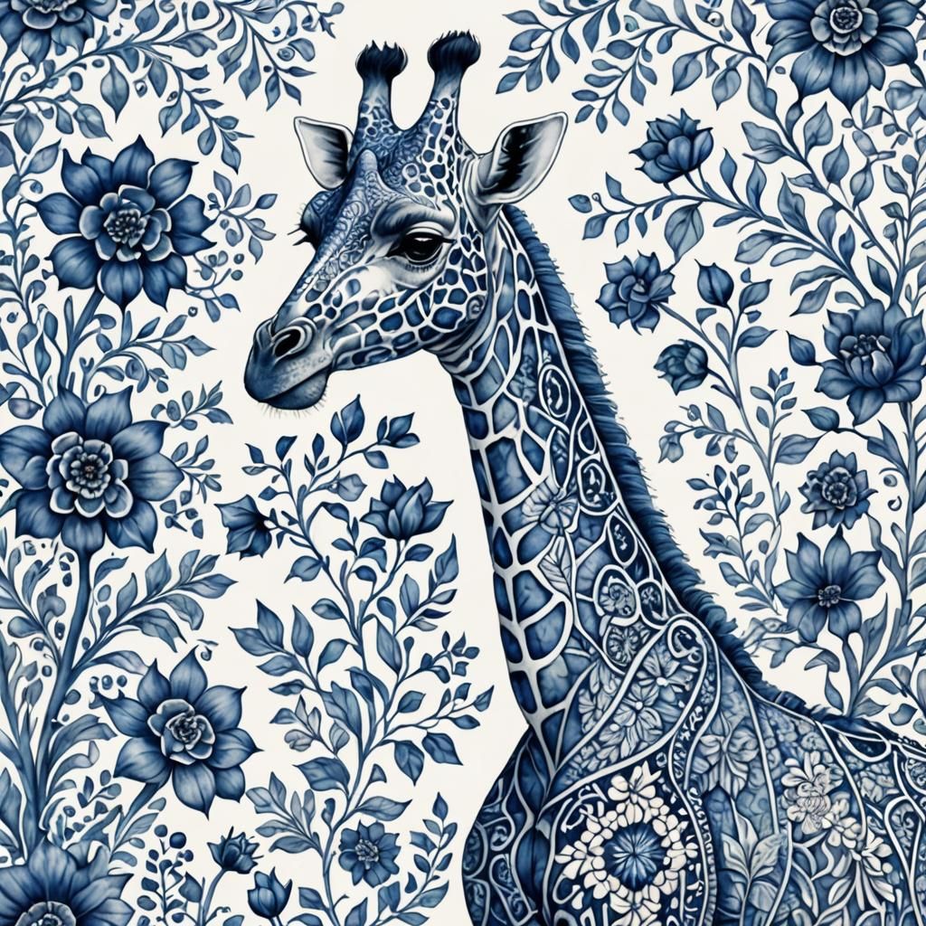 Delft Blue Zentangle Giraffe in William Morris Style