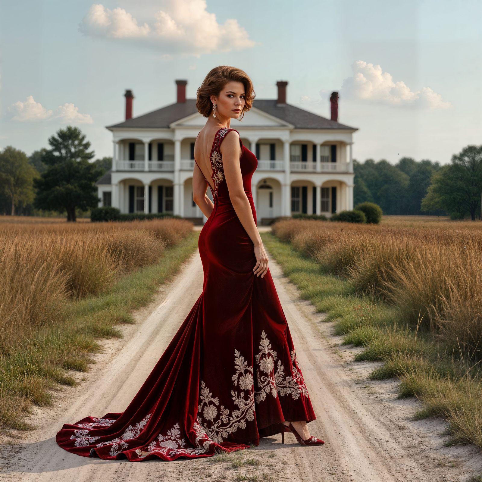 Woman in Red Velvet Gown in Southern Gothic Landscape