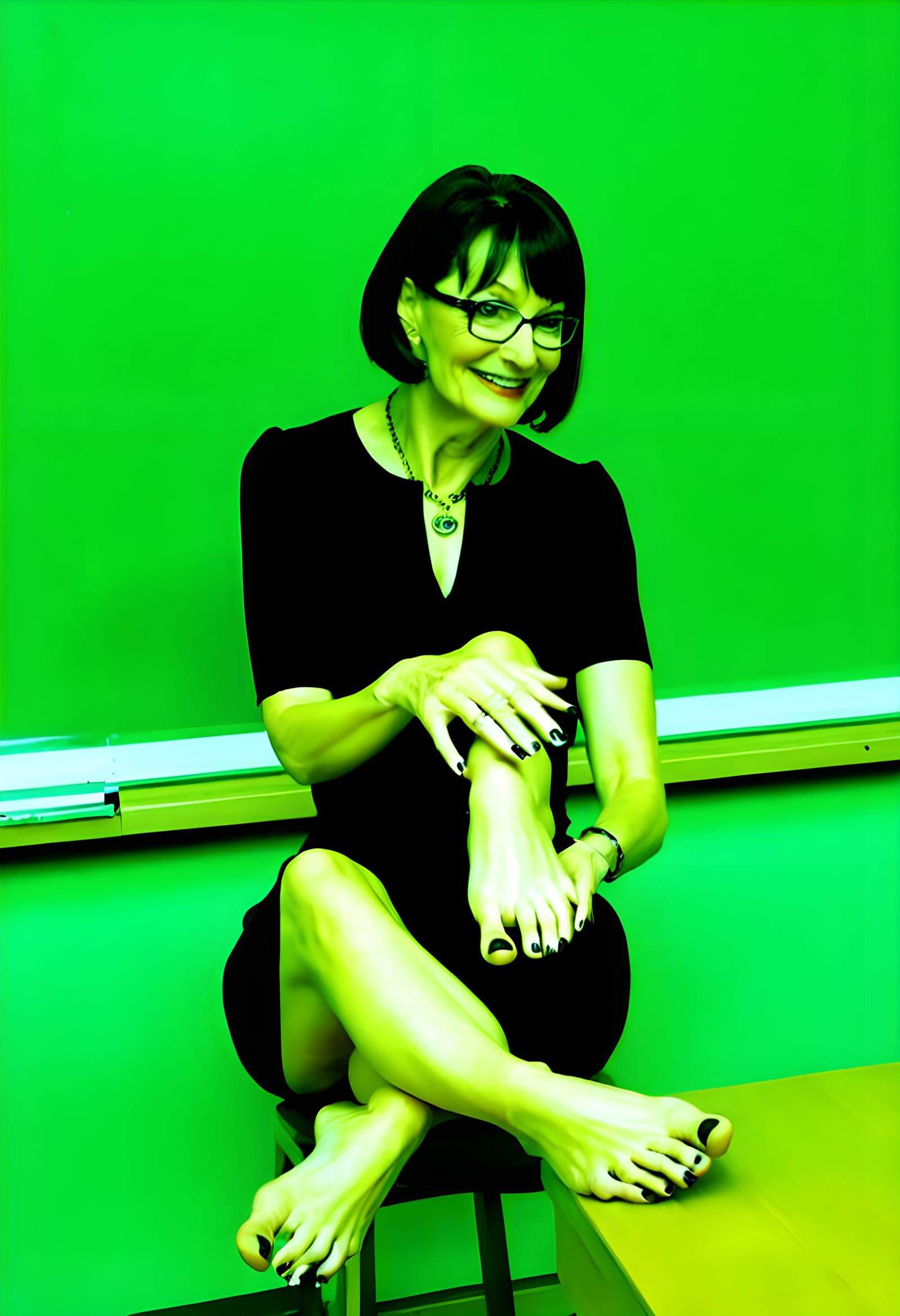 Mature Woman in Black Dress with Detailed Foot Focus