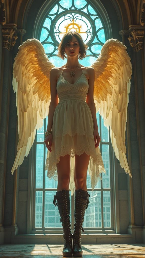 Angel Bridging Gothic Cathedral and Modern Street