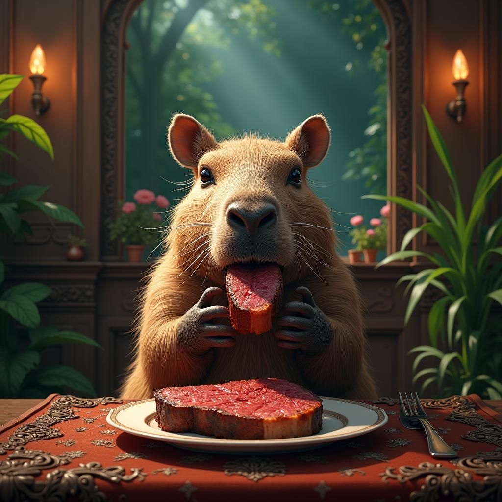 Capybara Devouring Steak in Dreamlike Fantasy Art