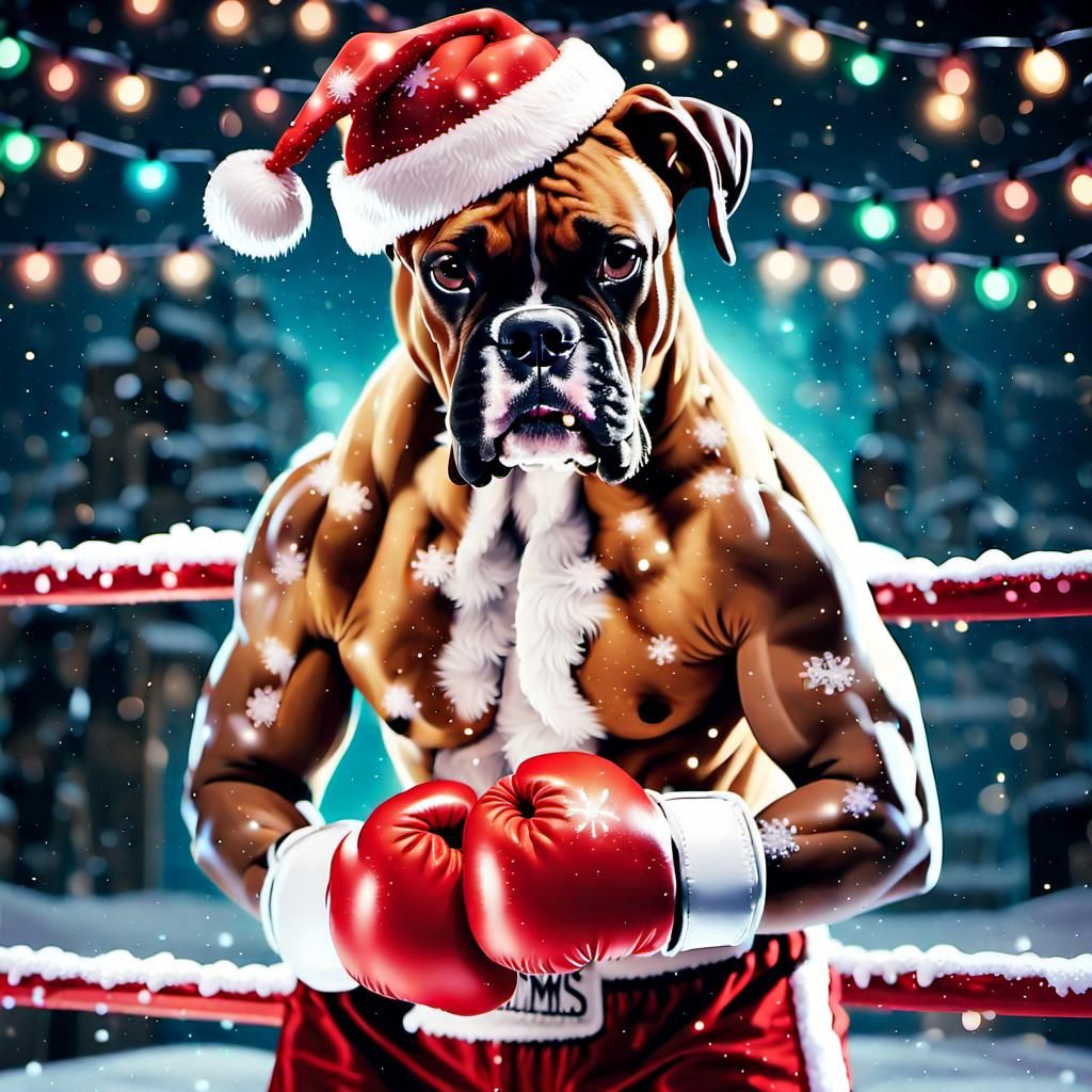 Boxer Celebrates Christmas in Vibrant Boxing Ring
