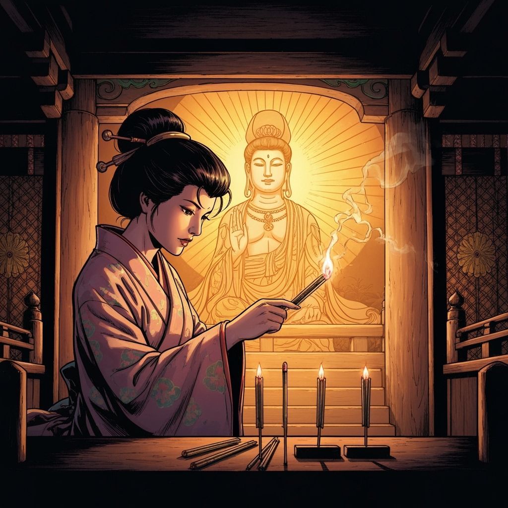 Japanese Girl Lighting Incense in Shinto Temple