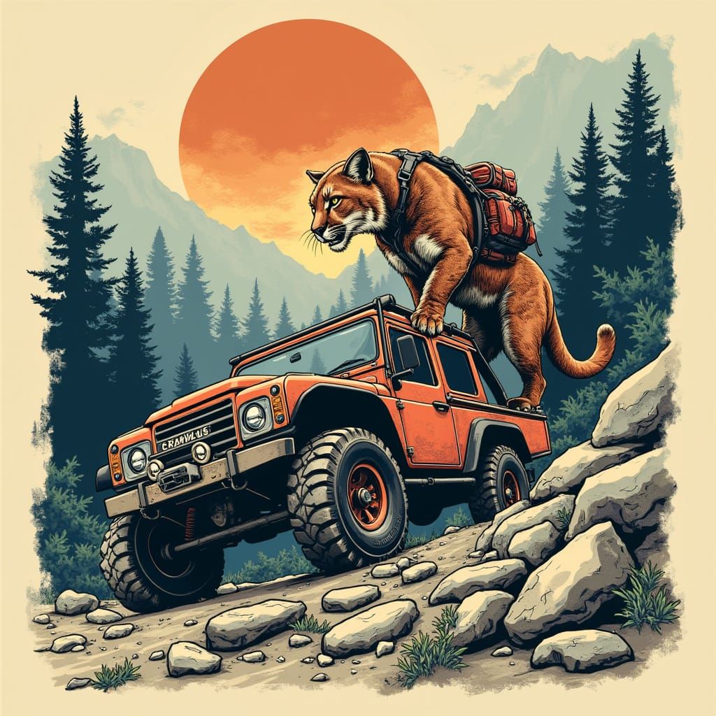 Mountain Lion Climber with RC Truck, Woodcut Style