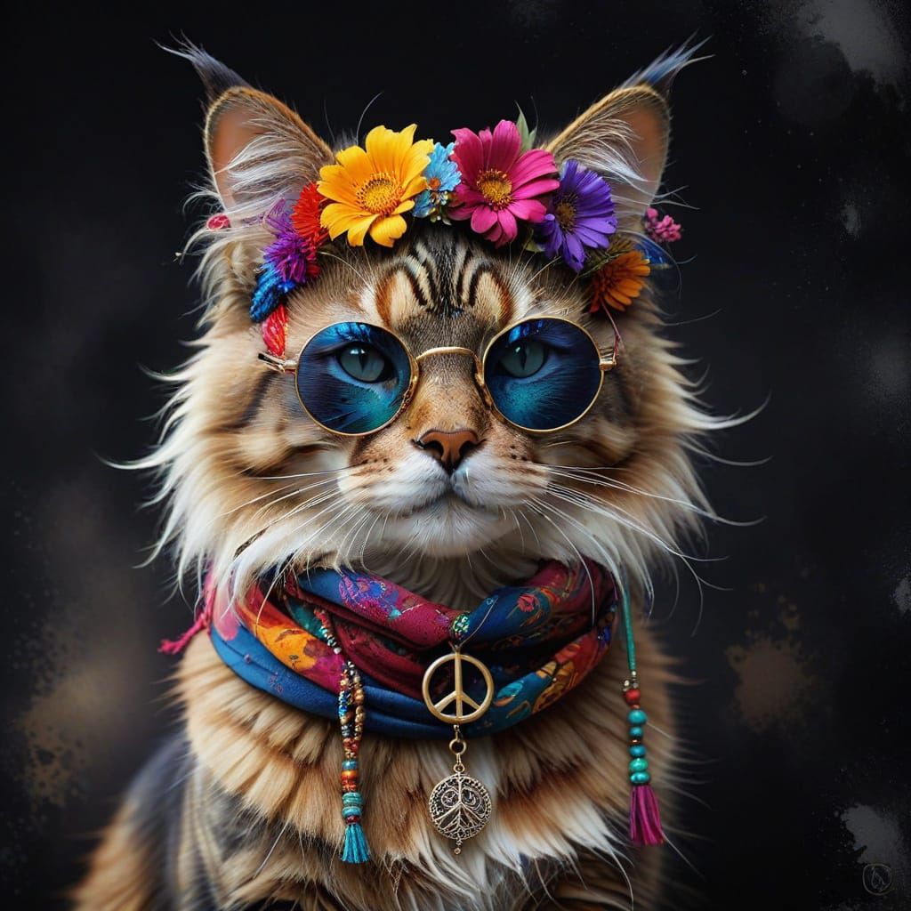 Surreal Hippy Cat Portrait in Art Nouveau Style