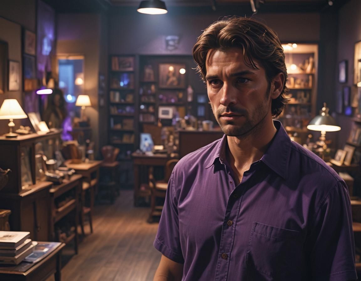 Man in Purple Shirt in Furniture Store: Cinematic Still