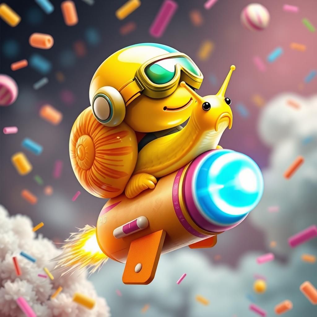 Snail Rides Lollipop Rocket in Colorful Sci-Fi Style