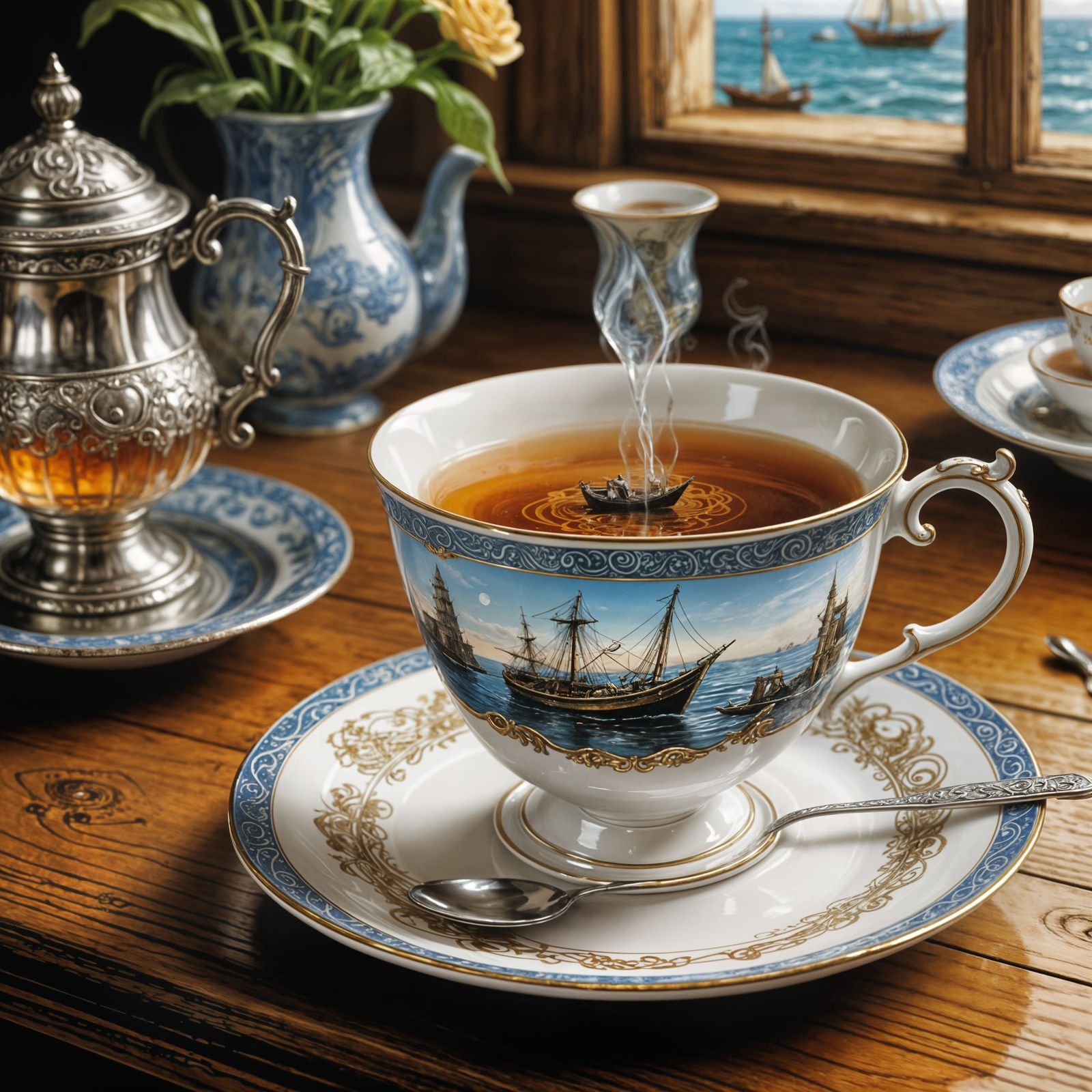 Teacup Boat in Magical Lab, Detailed Illustration